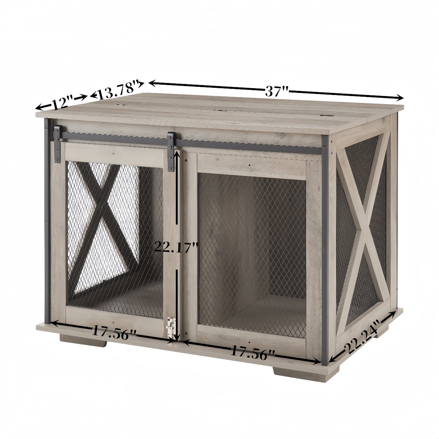 Modern farmhouse dog crate with sliding barn door light wood finish and black metal accents