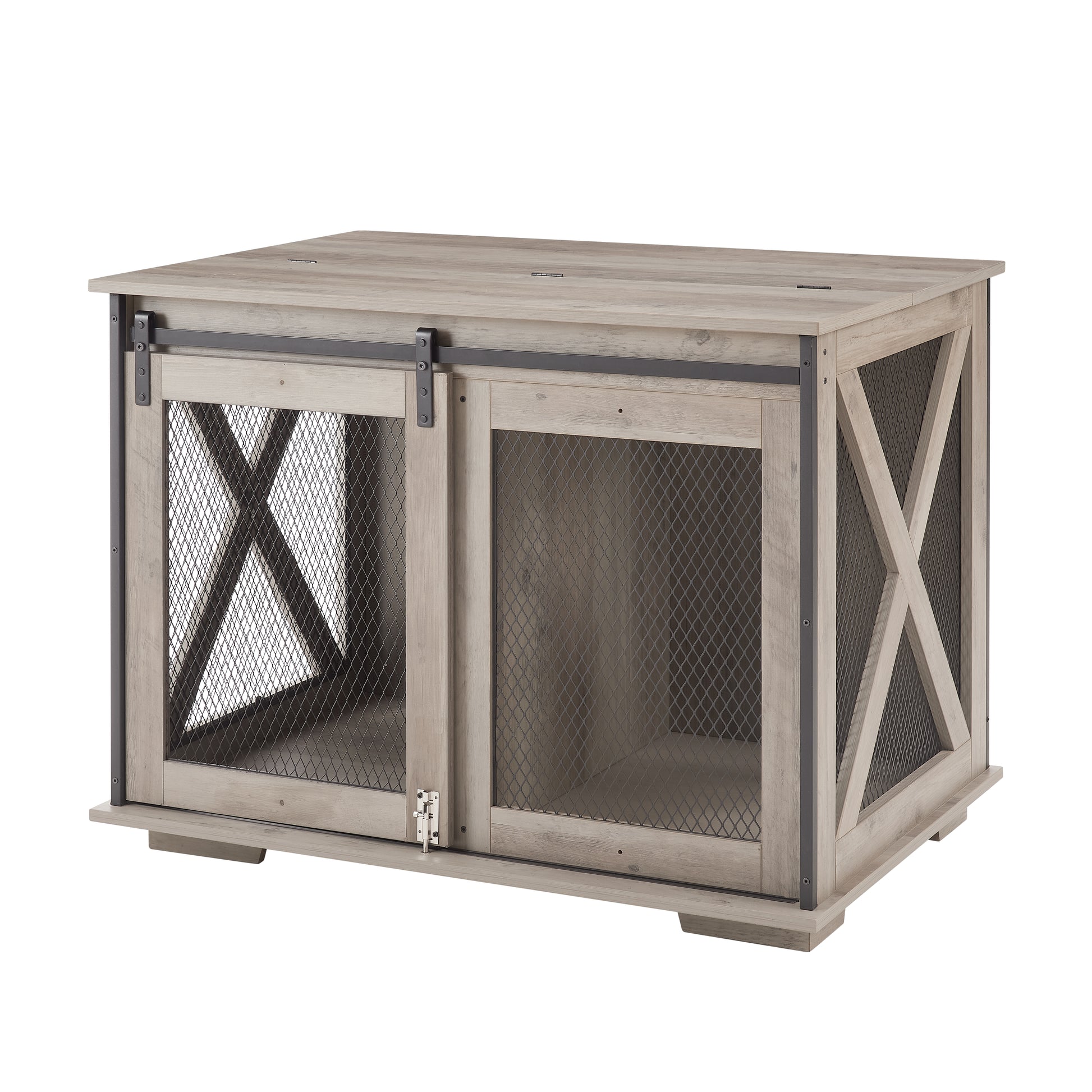 Rustic light wood dog crate with sliding barn doors and metal mesh panels