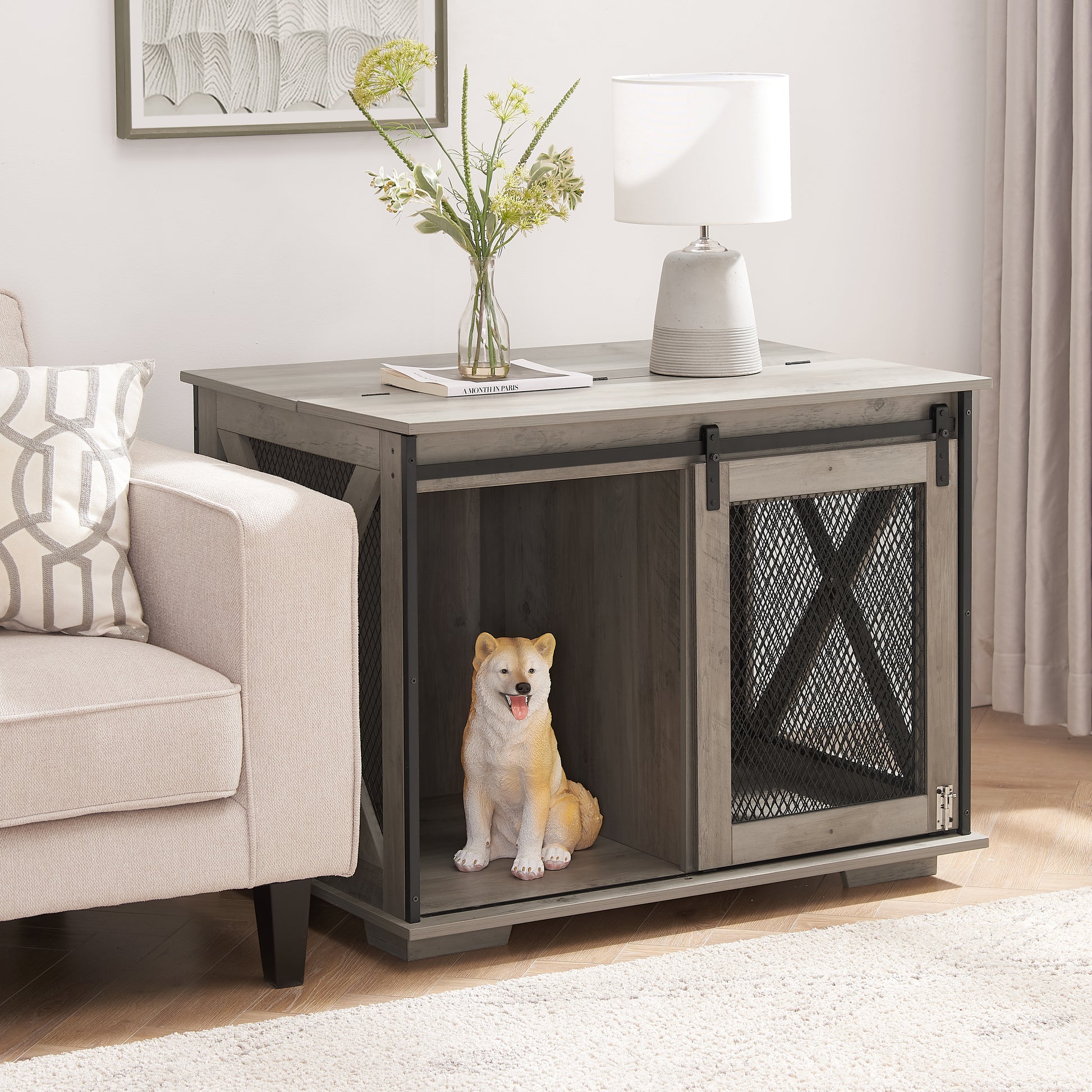 Rustic gray wooden dog crate furniture with sliding barn door and mesh panel