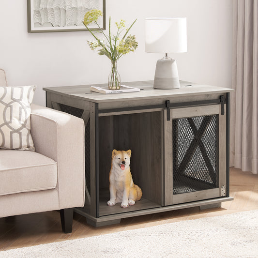Rustic gray wooden dog crate furniture with sliding barn door and mesh panel