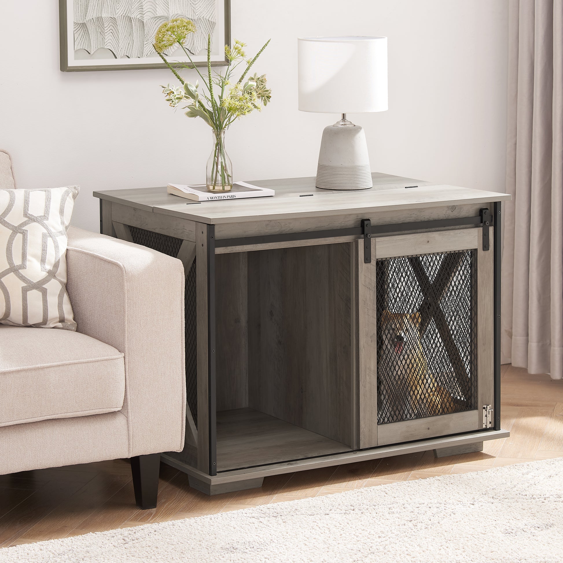 Rustic gray wooden dog crate end table with sliding barn door and metal mesh panel