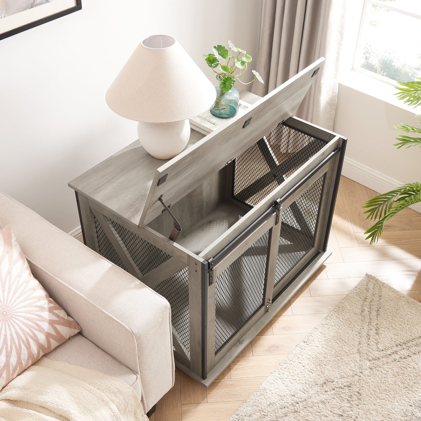 Gray wood dog crate end table with metal mesh doors and hinged lid