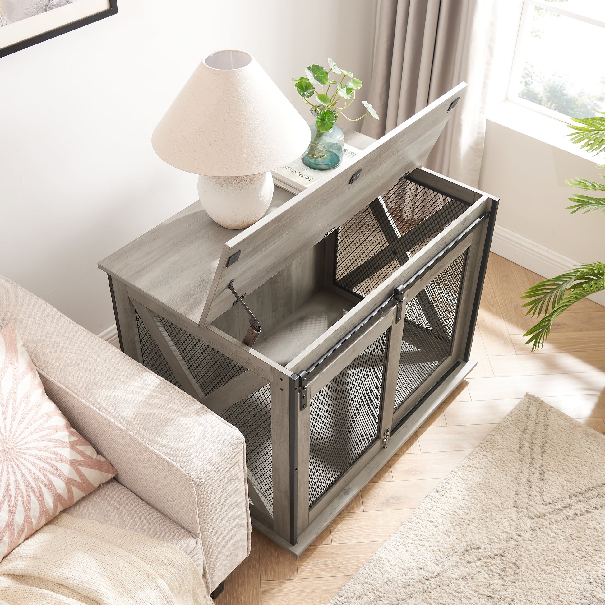 Gray wood dog crate end table with metal mesh doors and hinged lid