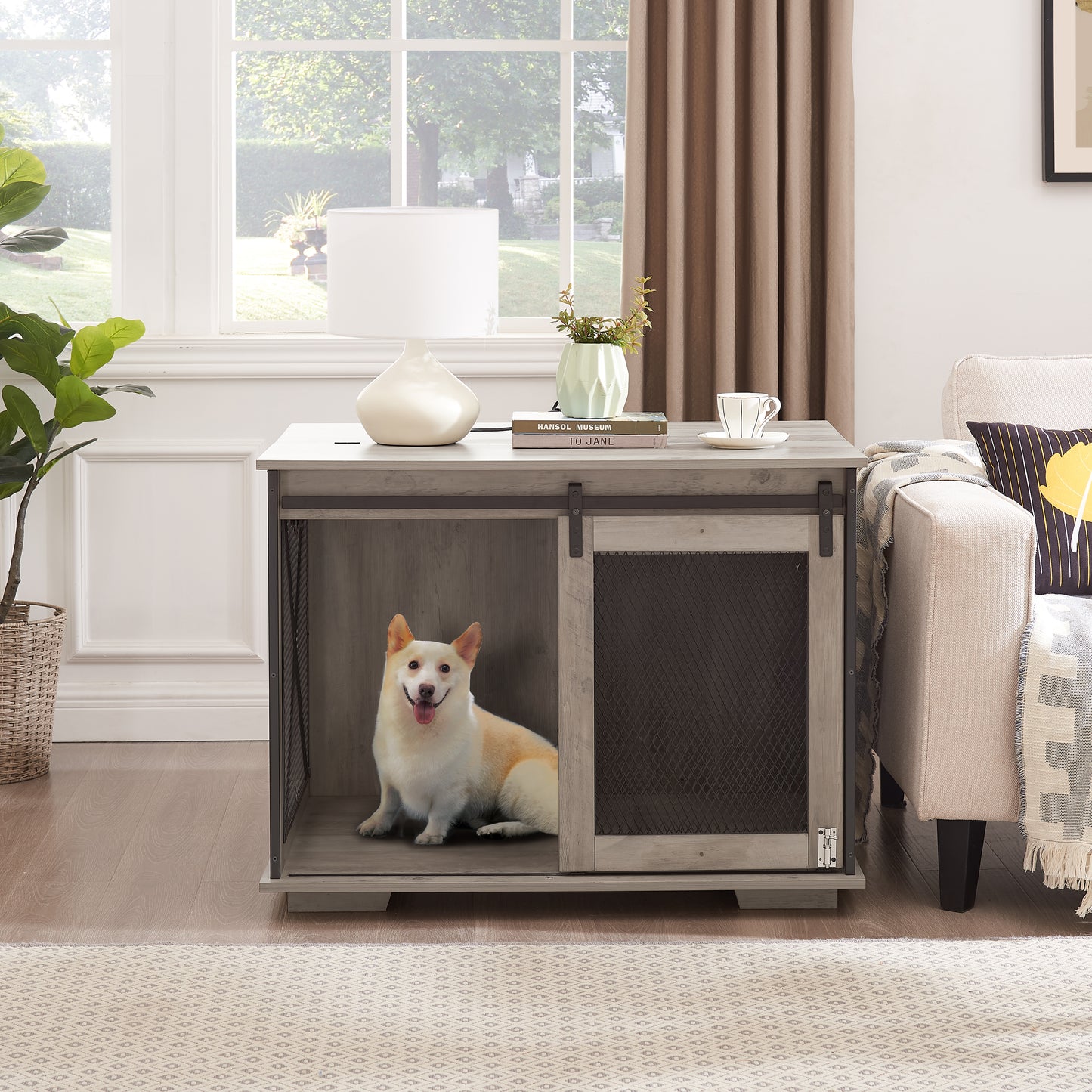 Rustic grey wooden dog crate with sliding barn door features wire mesh panel A happy white dog sits inside