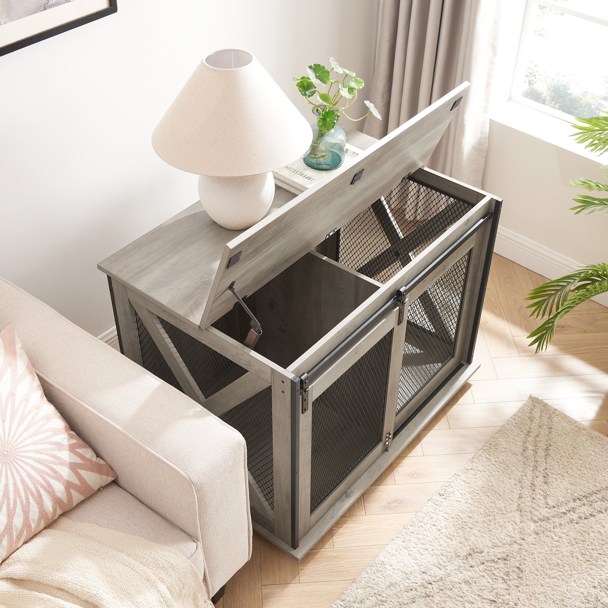 Rustic gray wood dog crate end table with metal mesh doors and storage