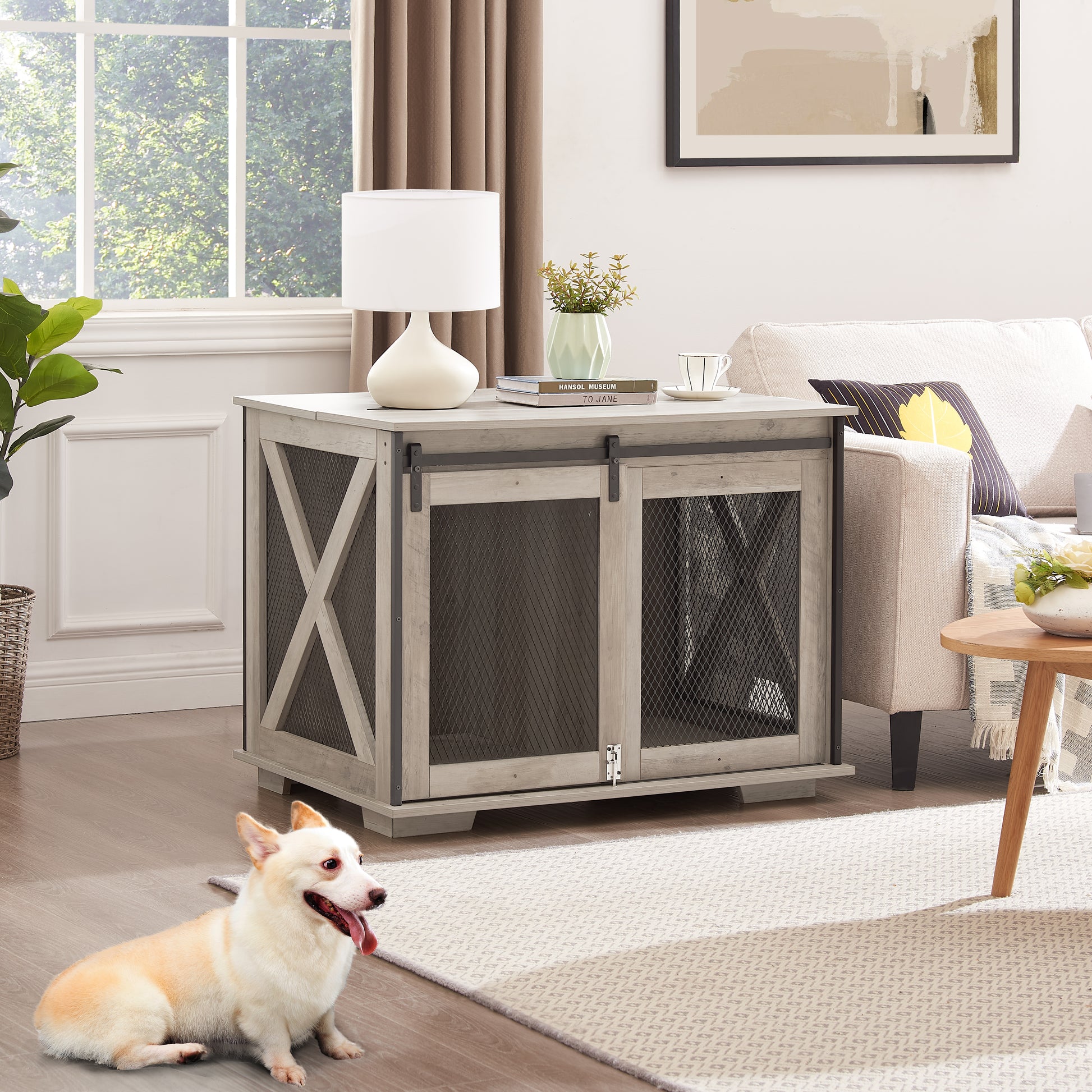 Rustic grey wood dog crate with sliding doors and wire mesh panels