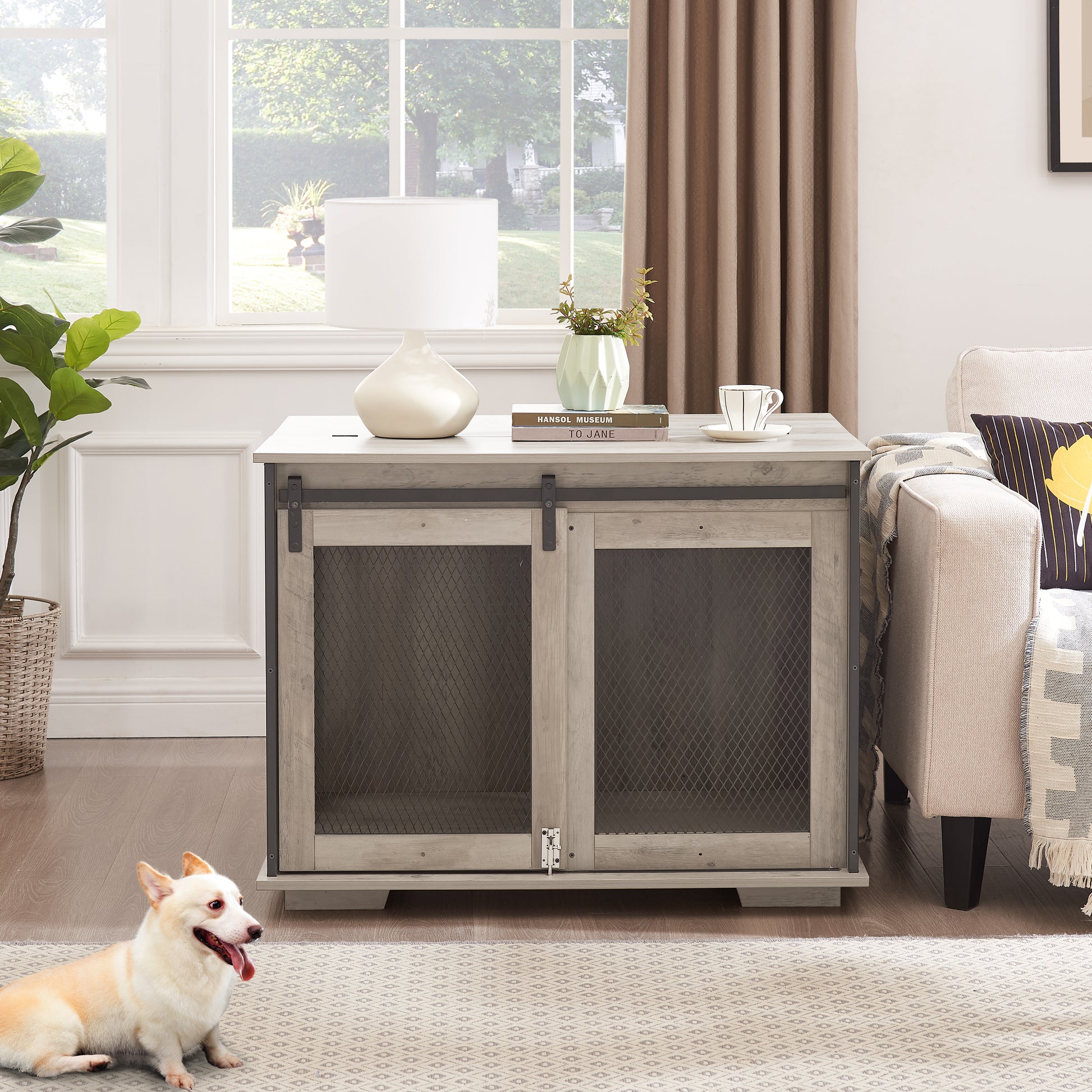 Rustic wood dog crate furniture with double sliding mesh doors and metal accents