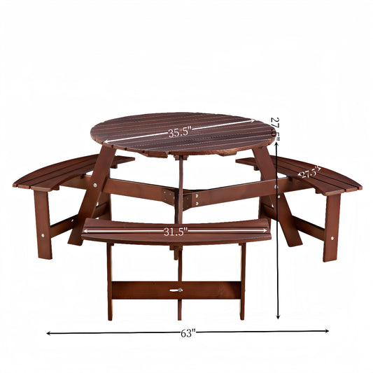 Dark brown wooden picnic table with attached benches circular top outdoor seating