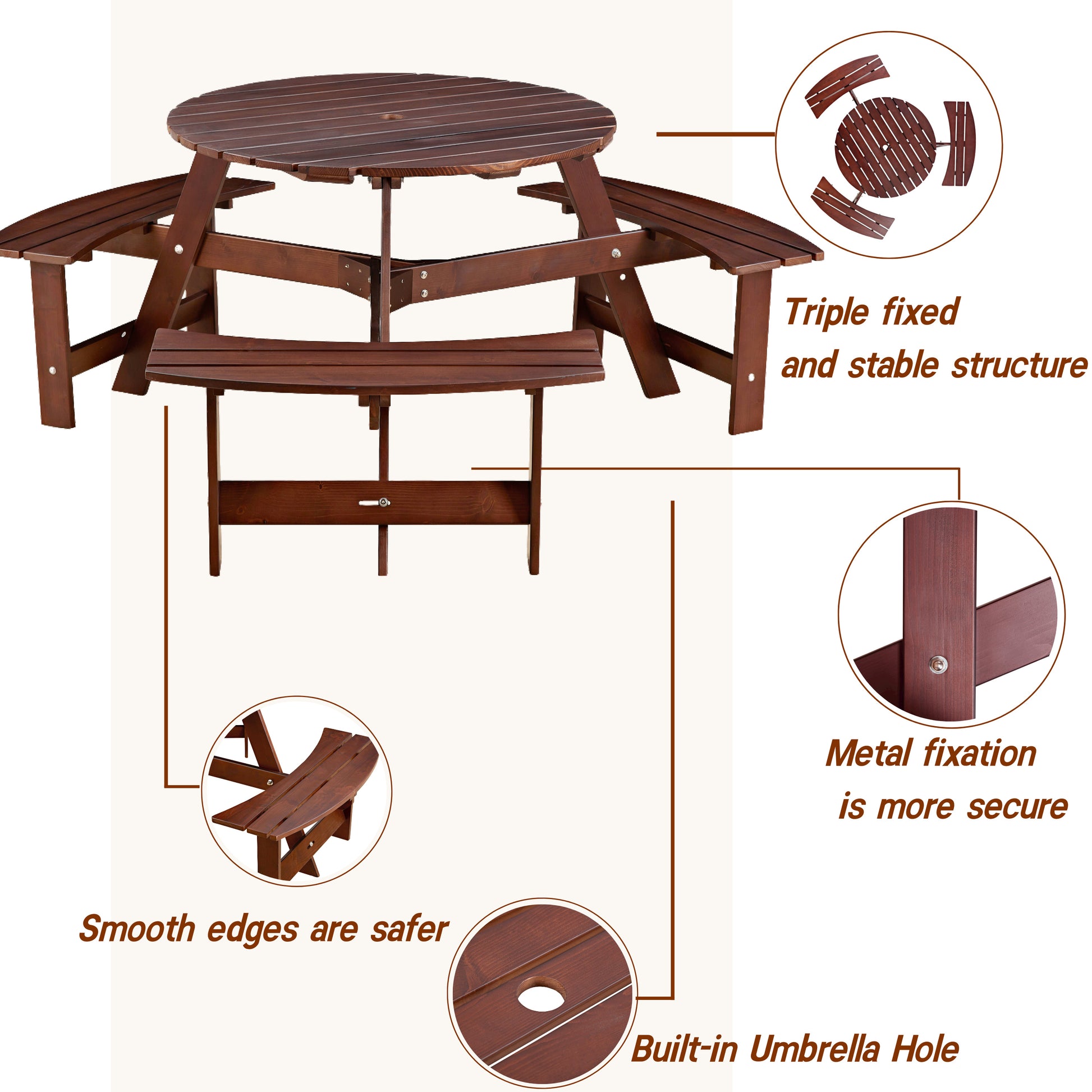 Dark brown wooden picnic table with attached benches builtin umbrella hole