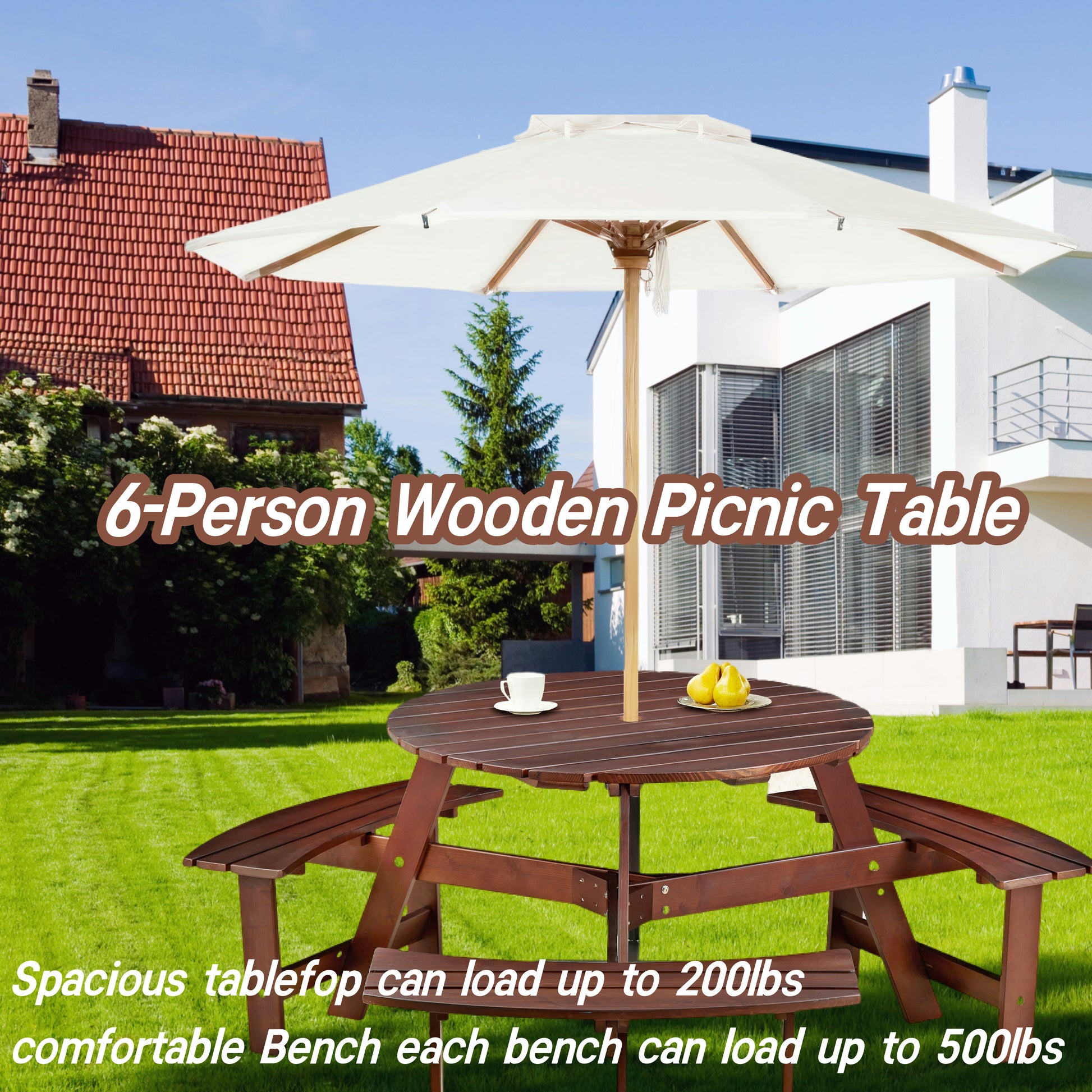 Dark brown person wooden picnic table with benches and an umbrella