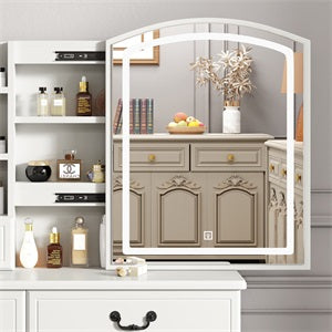 Modern LED vanity mirror with arched frame perfect for makeup application