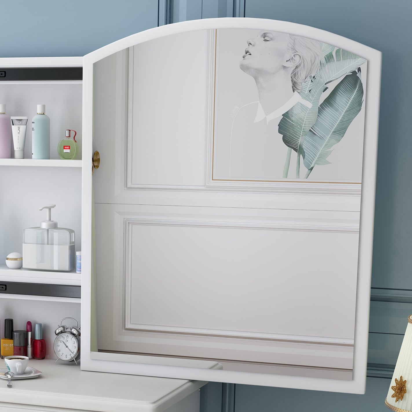 White arched vanity mirror with artwork of a woman and tropical leaves