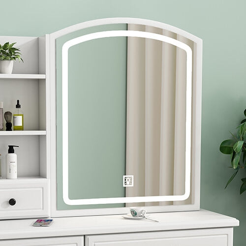 White arched vanity mirror with integrated LED lighting and touch control