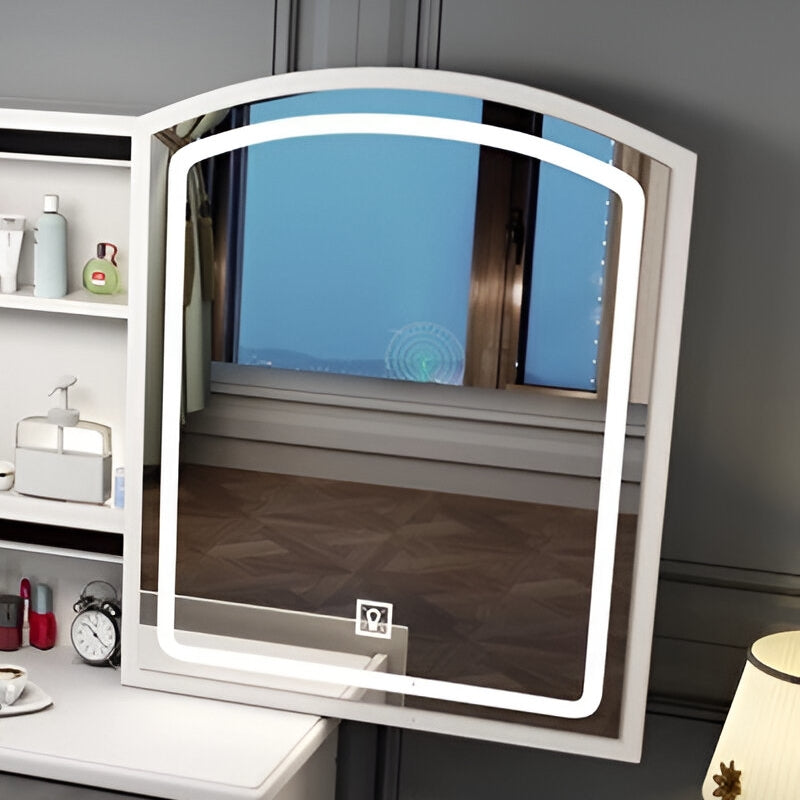 Arched LED makeup mirror with integrated lighting and touch controls for vanity use