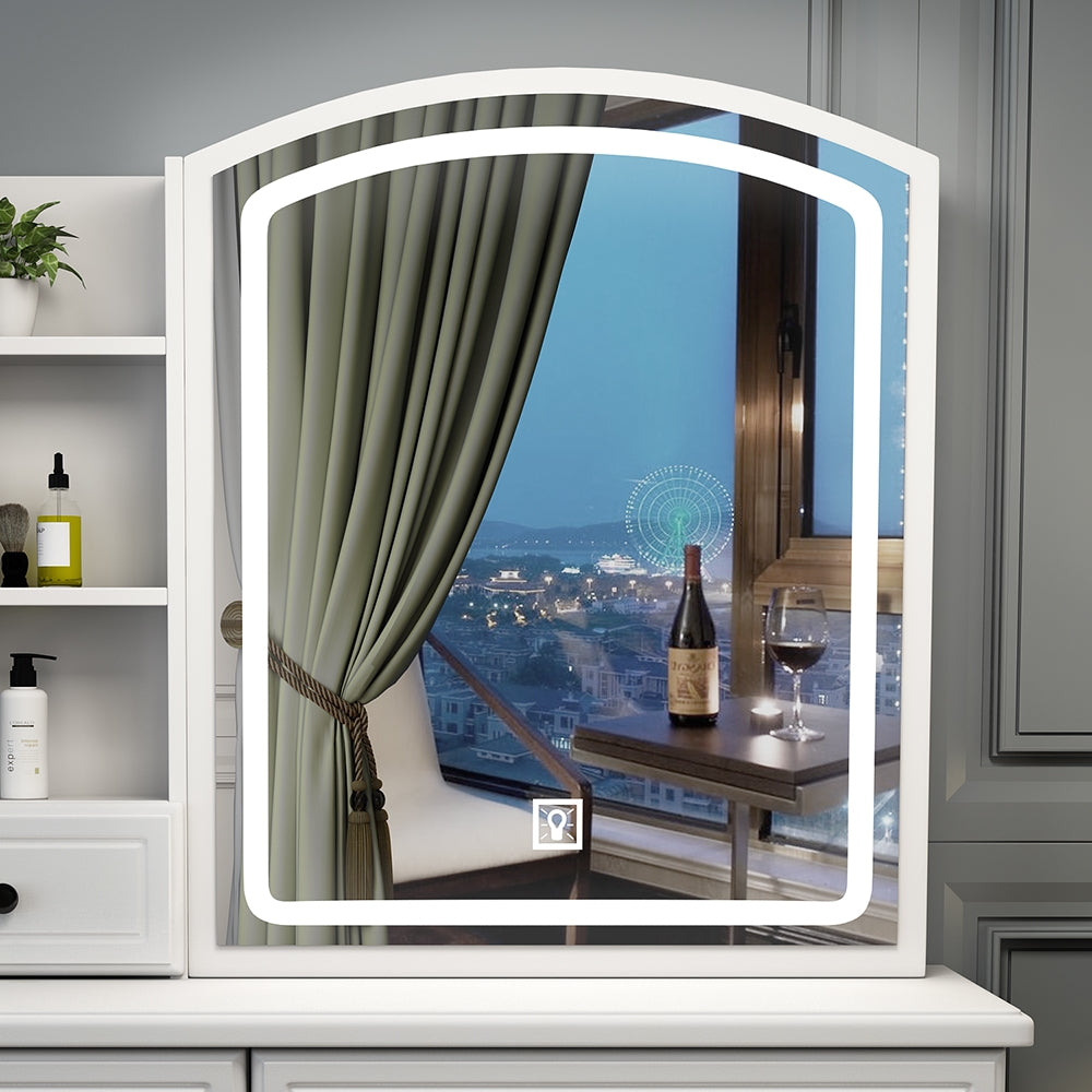 Modern illuminated vanity mirror with arched top and integrated LED lighting