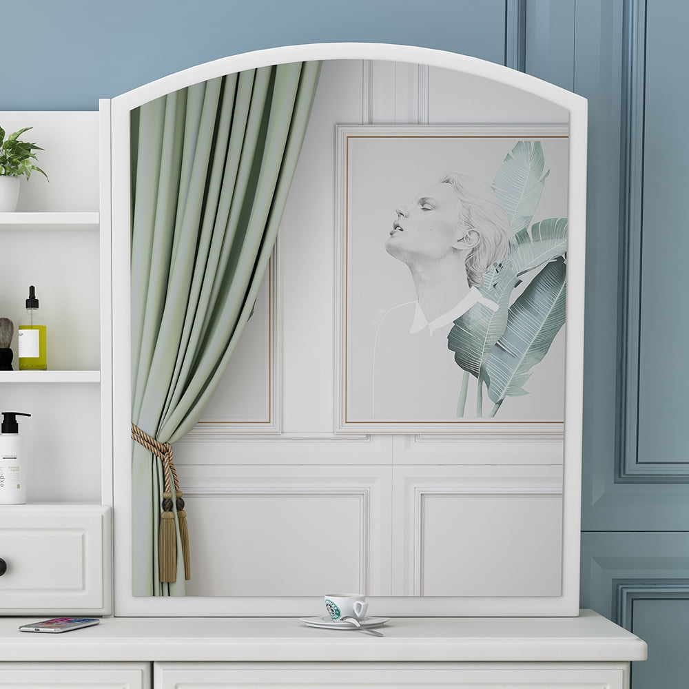 Modern arched vanity mirror with integrated shelves and art display