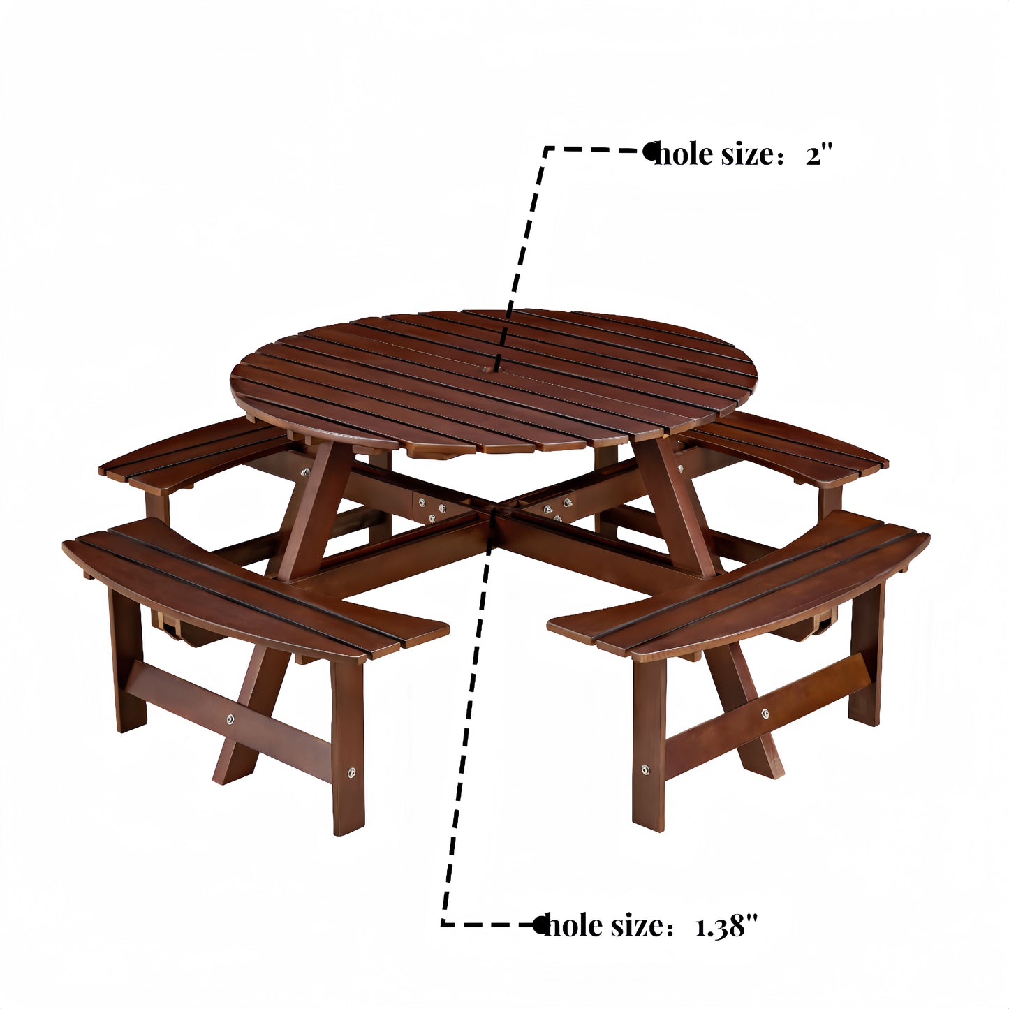 Dark brown wooden picnic table with attached benches and inch umbrella hole