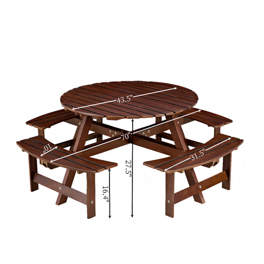 Round wooden picnic table with attached benches dark brown finish ideal for outdoor gatherings