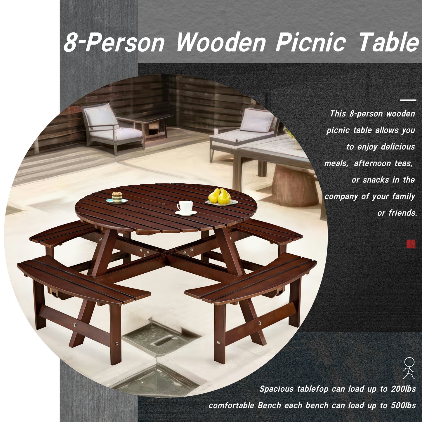 Dark brown person wooden picnic table with integrated benches perfect for outdoor gatherings