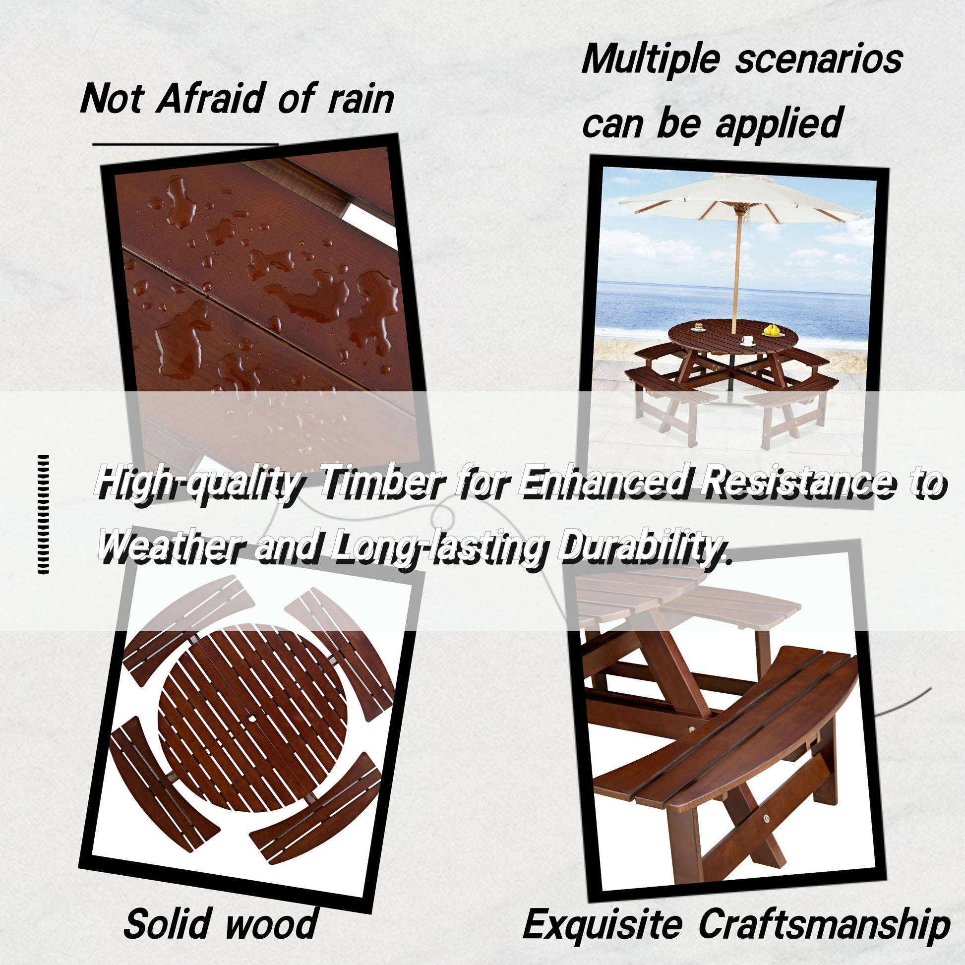 Dark brown solid wood picnic table top with water droplets on surface