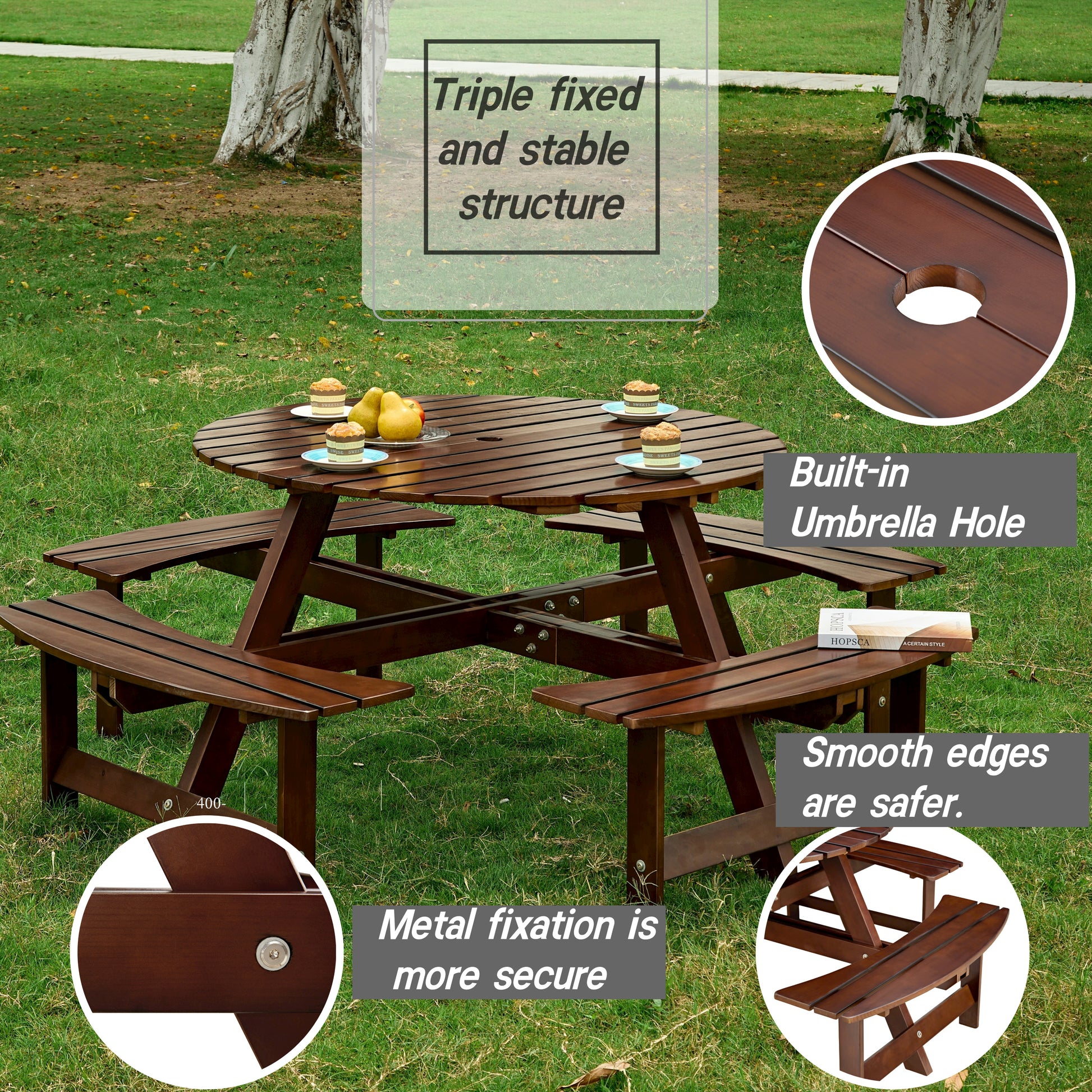 Dark brown wooden picnic table and benches with umbrella hole set in a grassy park for outdoor dining