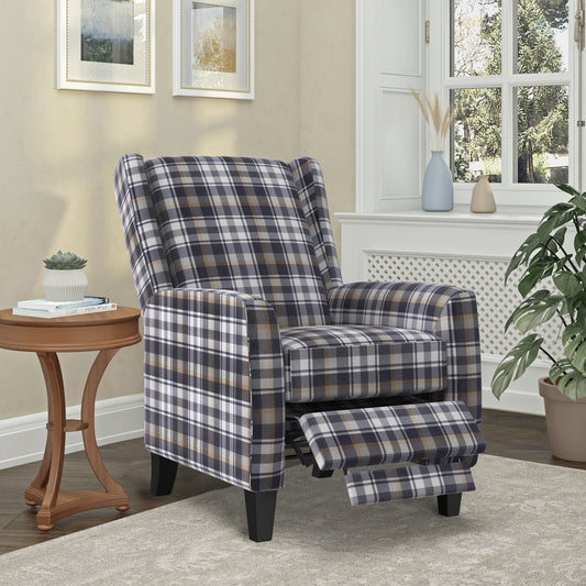 Tartan plaid recliner chair in navy grey and cream with extended footrest