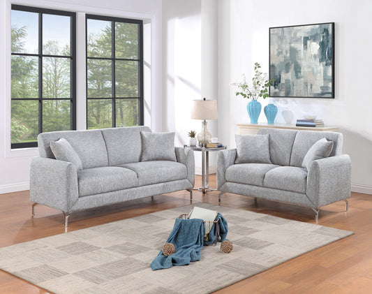 Grey upholstered sofa set with clean lines and modern chrome legs