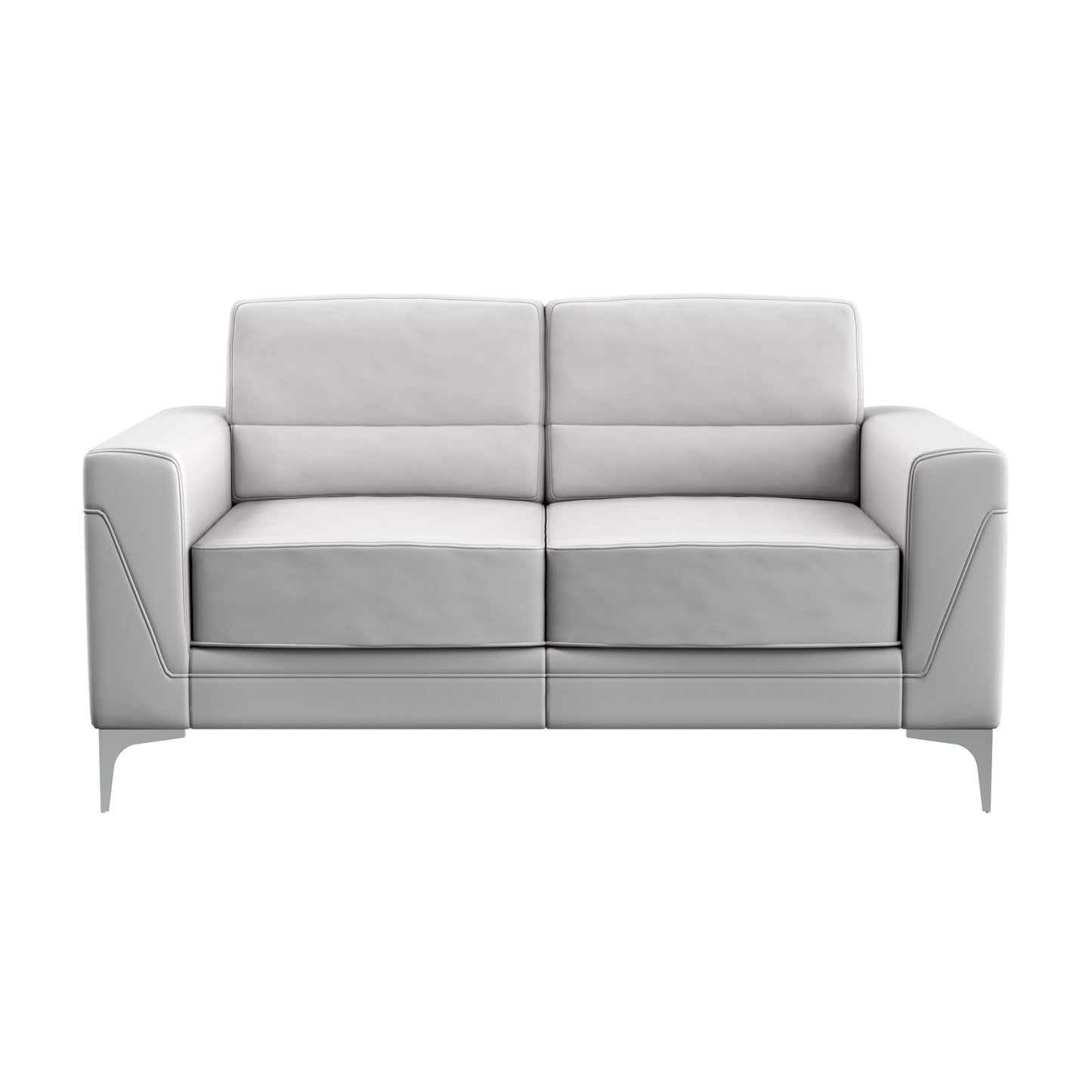 Modern white leather loveseat with sleek silver legs perfect for contemporary living rooms