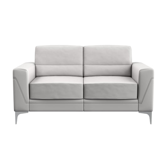 Modern white leather loveseat with sleek silver legs perfect for contemporary living rooms