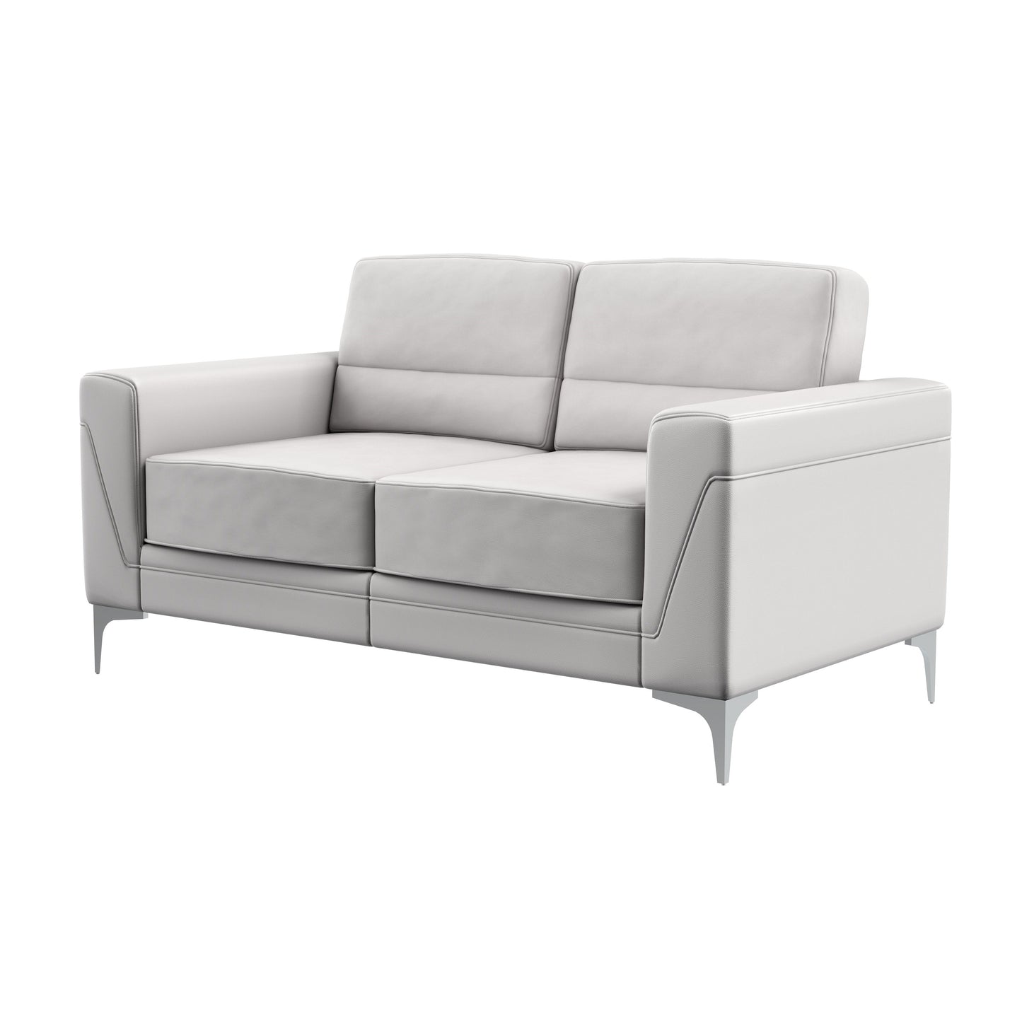 Modern light gray leather sofa with sleek metal legs perfect for contemporary living rooms