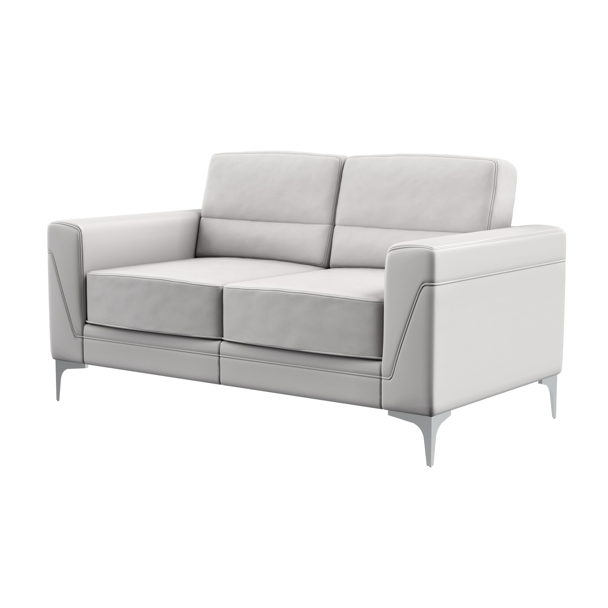 Modern light gray leather sofa with sleek metal legs perfect for contemporary living rooms