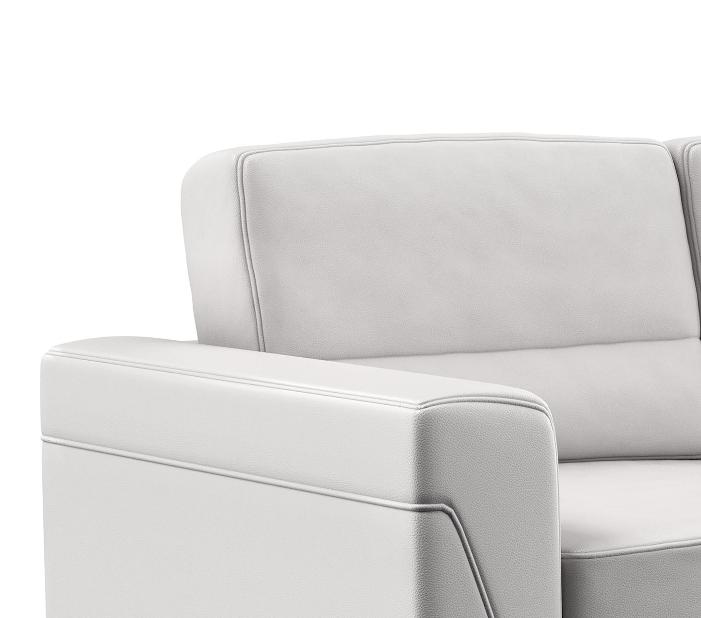 Closeup of a modern white leather sofa armrest with subtle stitching detail