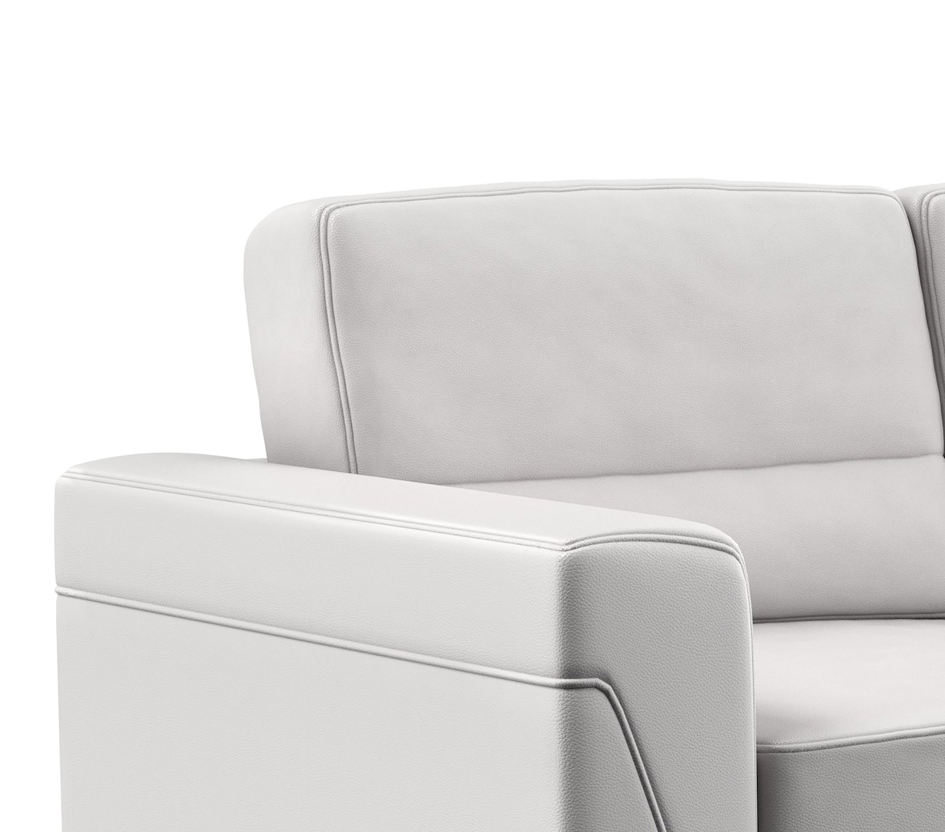 Closeup of a modern white leather sofa armrest with subtle stitching detail