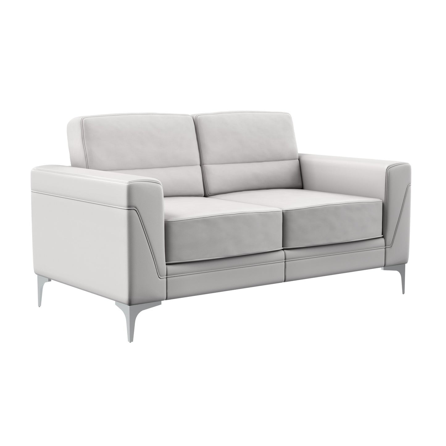 Modern white leather loveseat with sleek metal legs and subtle stitching details