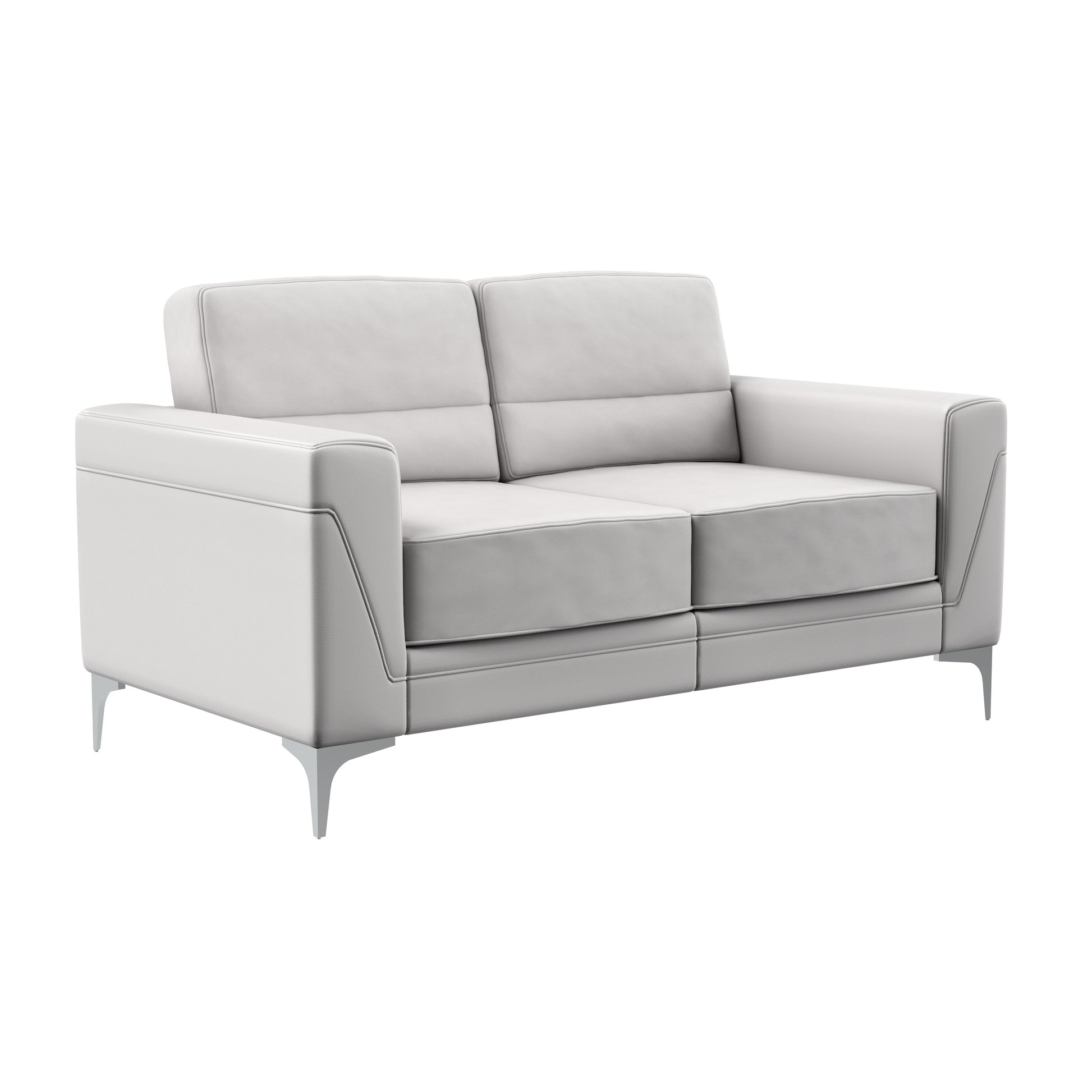 Modern white leather loveseat with sleek metal legs and subtle stitching details