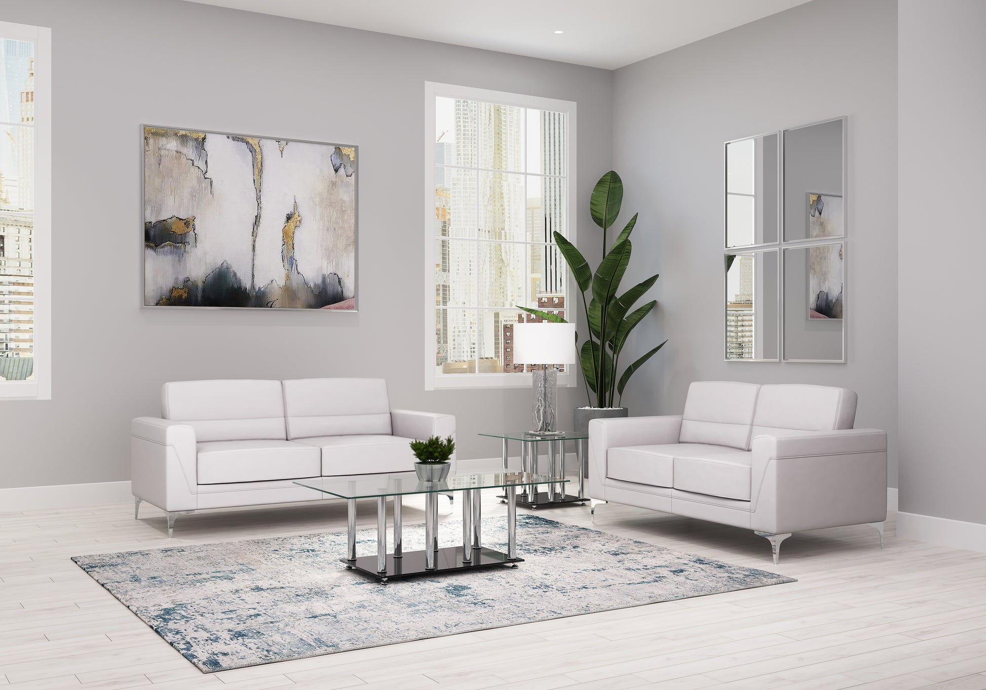 White leather sofa with sleek modern design and chrome legs