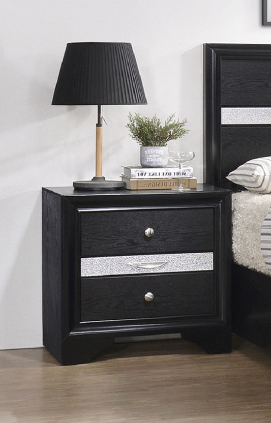 Black wooden nightstand with two drawers featuring silver accents and brushed nickel knobs