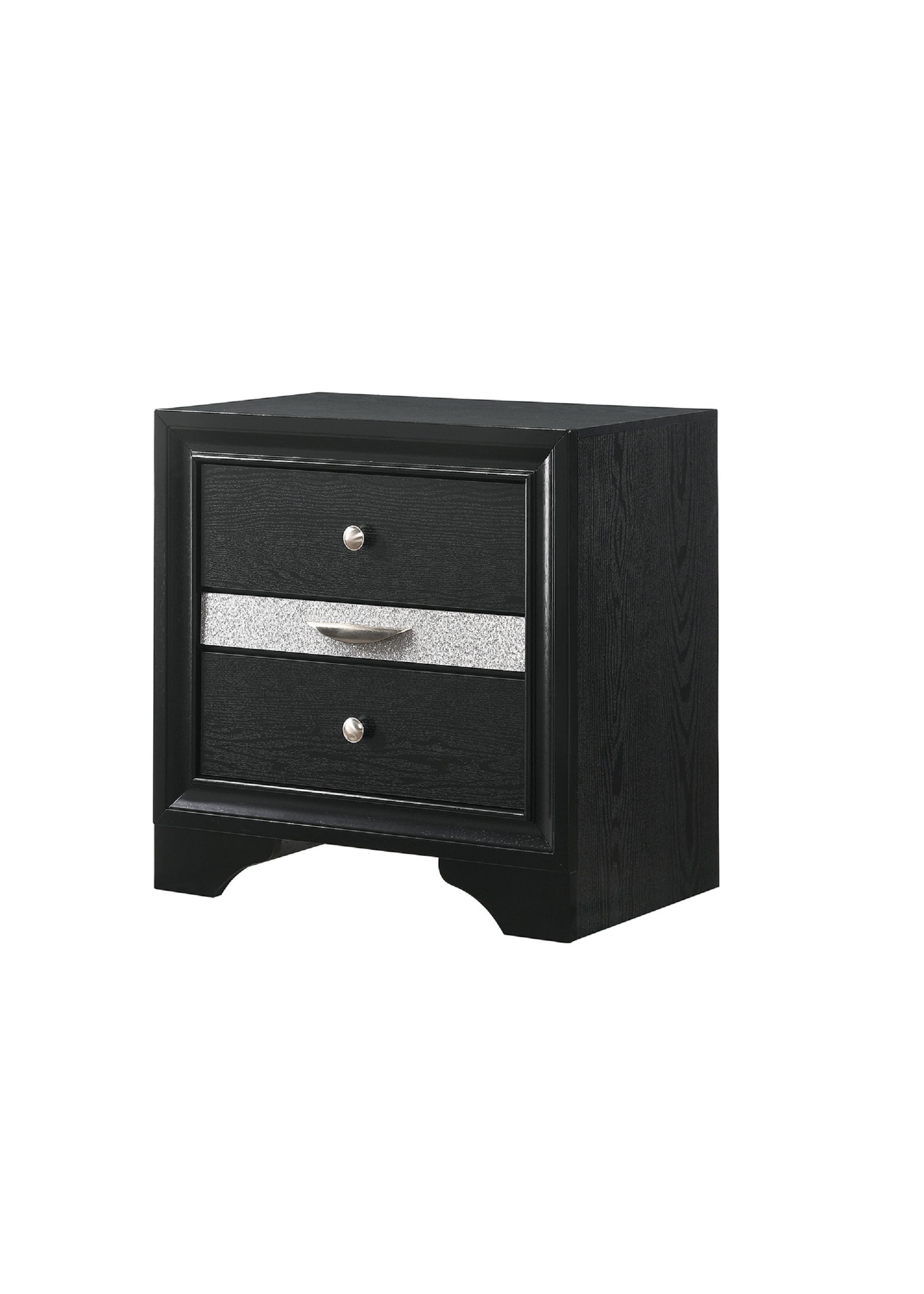 Black wooden nightstand with two drawers and silver hardware accent