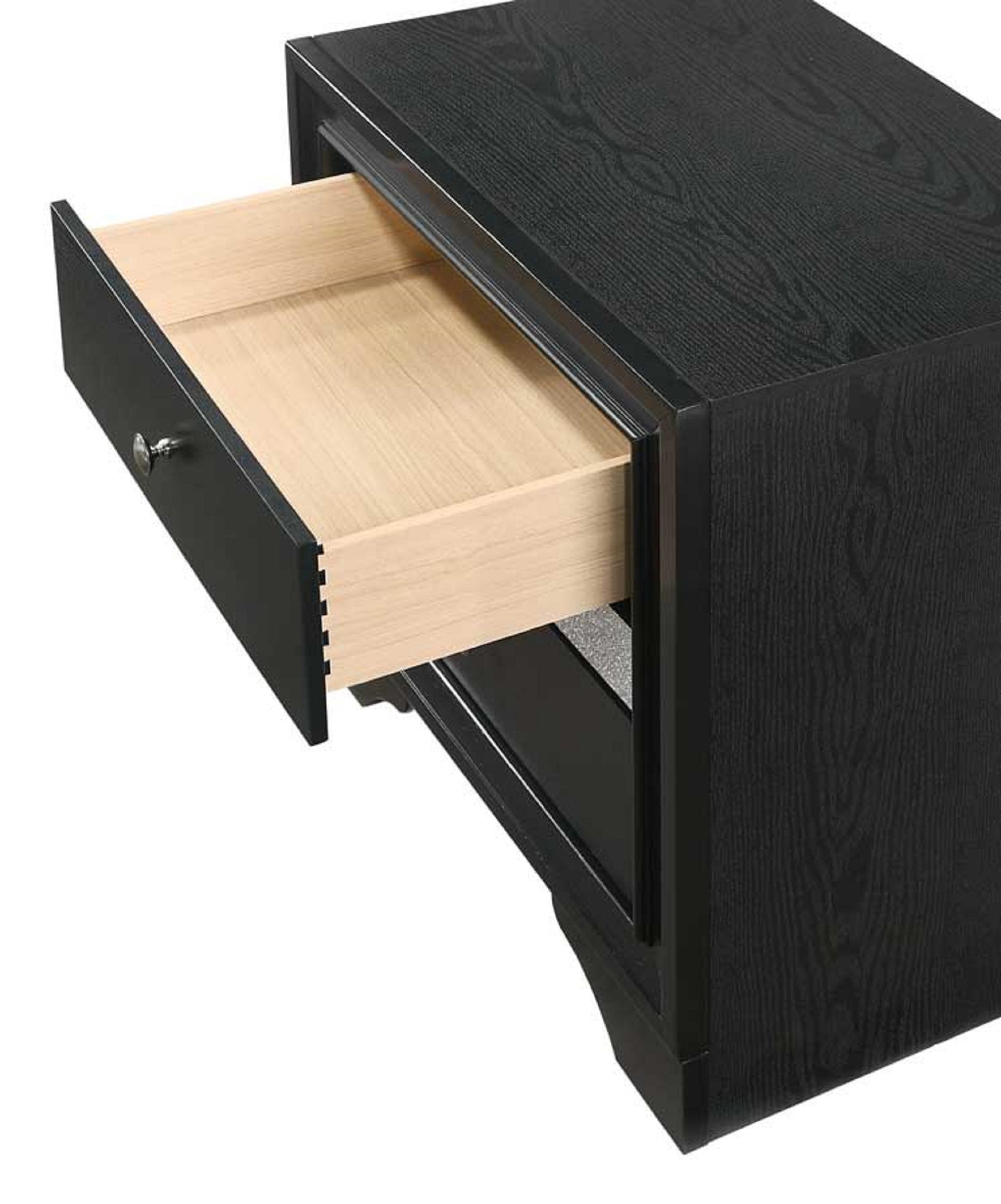 Black wood grain nightstand with one open drawer revealing light wood interior and silver knob