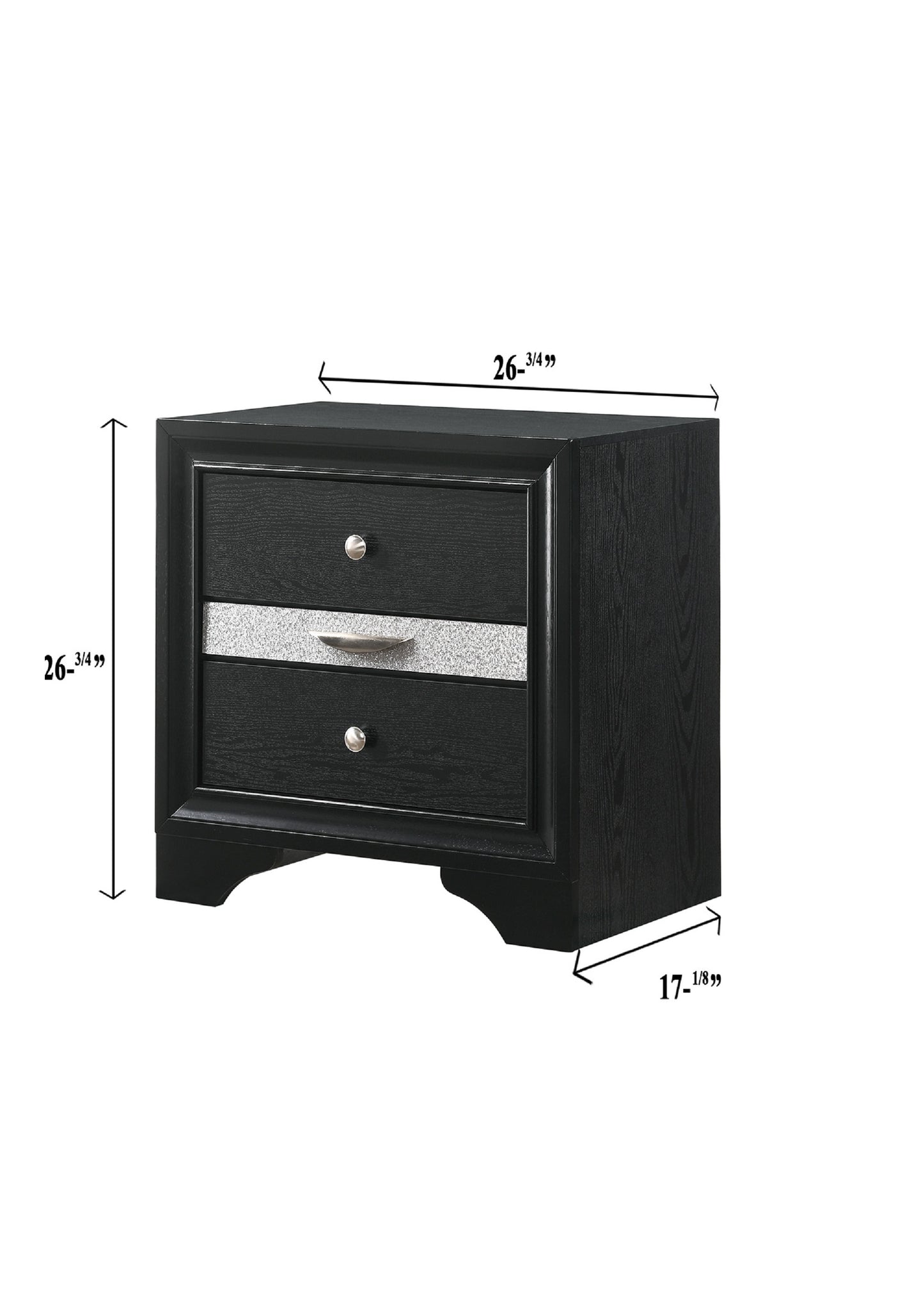 Black wooden nightstand with two drawers and silver accents