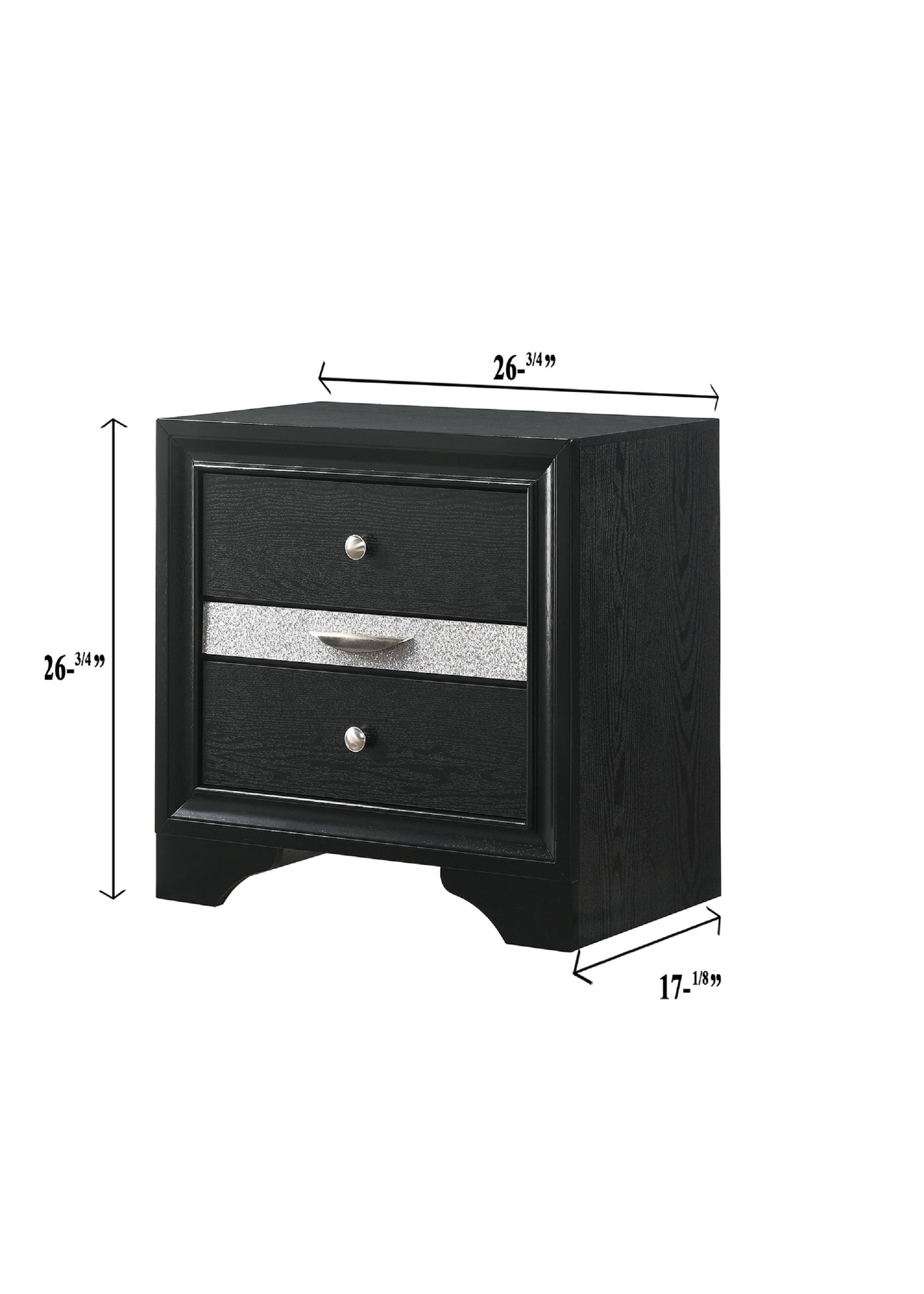 Black wooden nightstand with two drawers and silver accents
