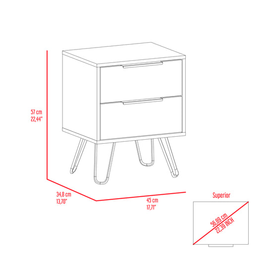 Line drawing of a modern nightstand with two drawers and tapered legs dimensions labeled