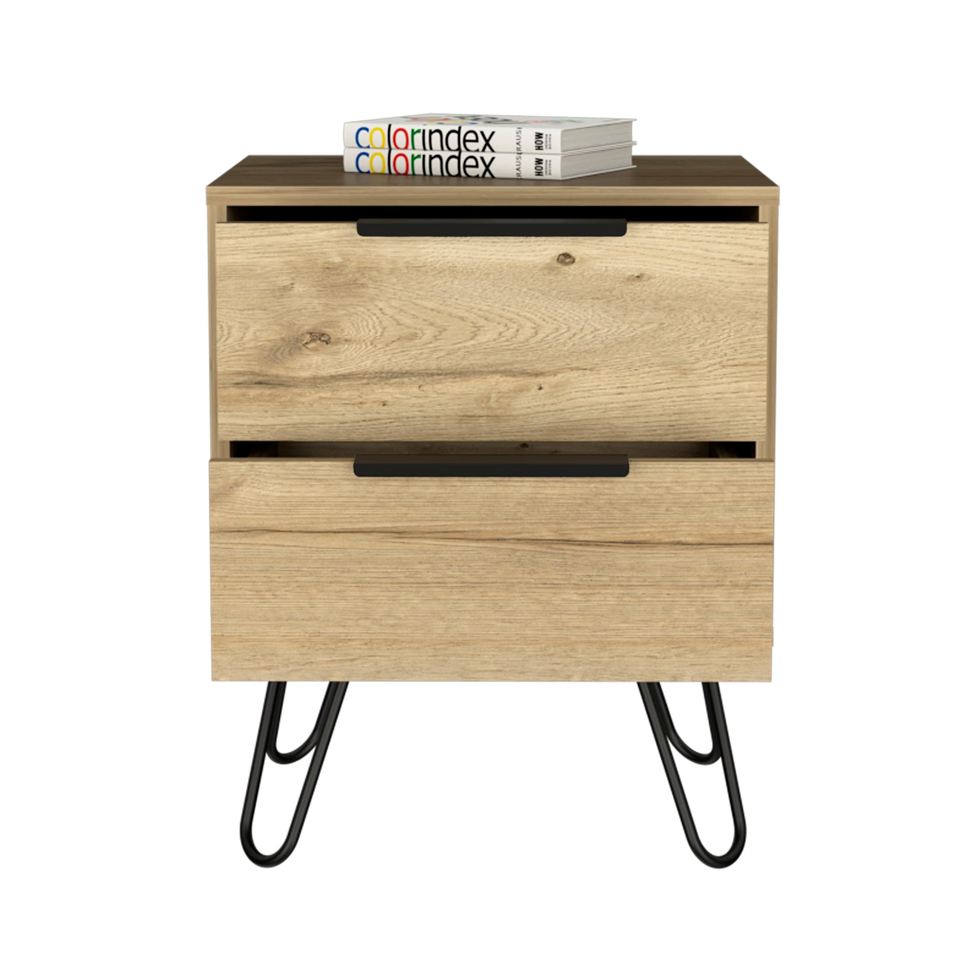 Modern oak veneer nightstand with two drawers and black hairpin legs