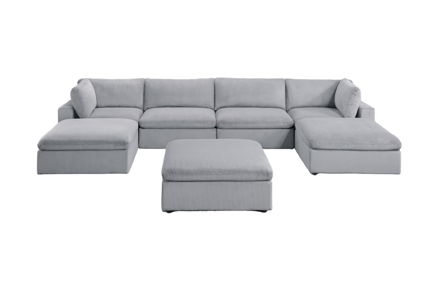 Grey corduroy sectional sofa with two ottomans modern living room furniture