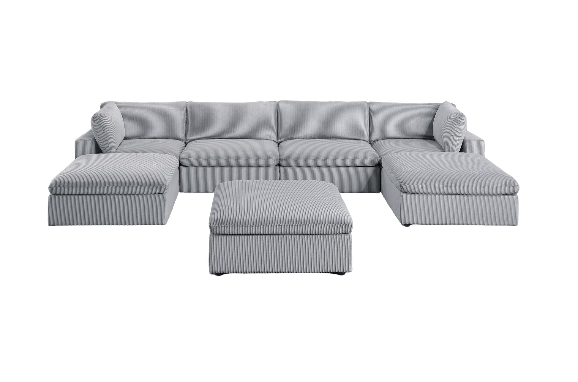 Grey corduroy sectional sofa with two ottomans modern living room furniture