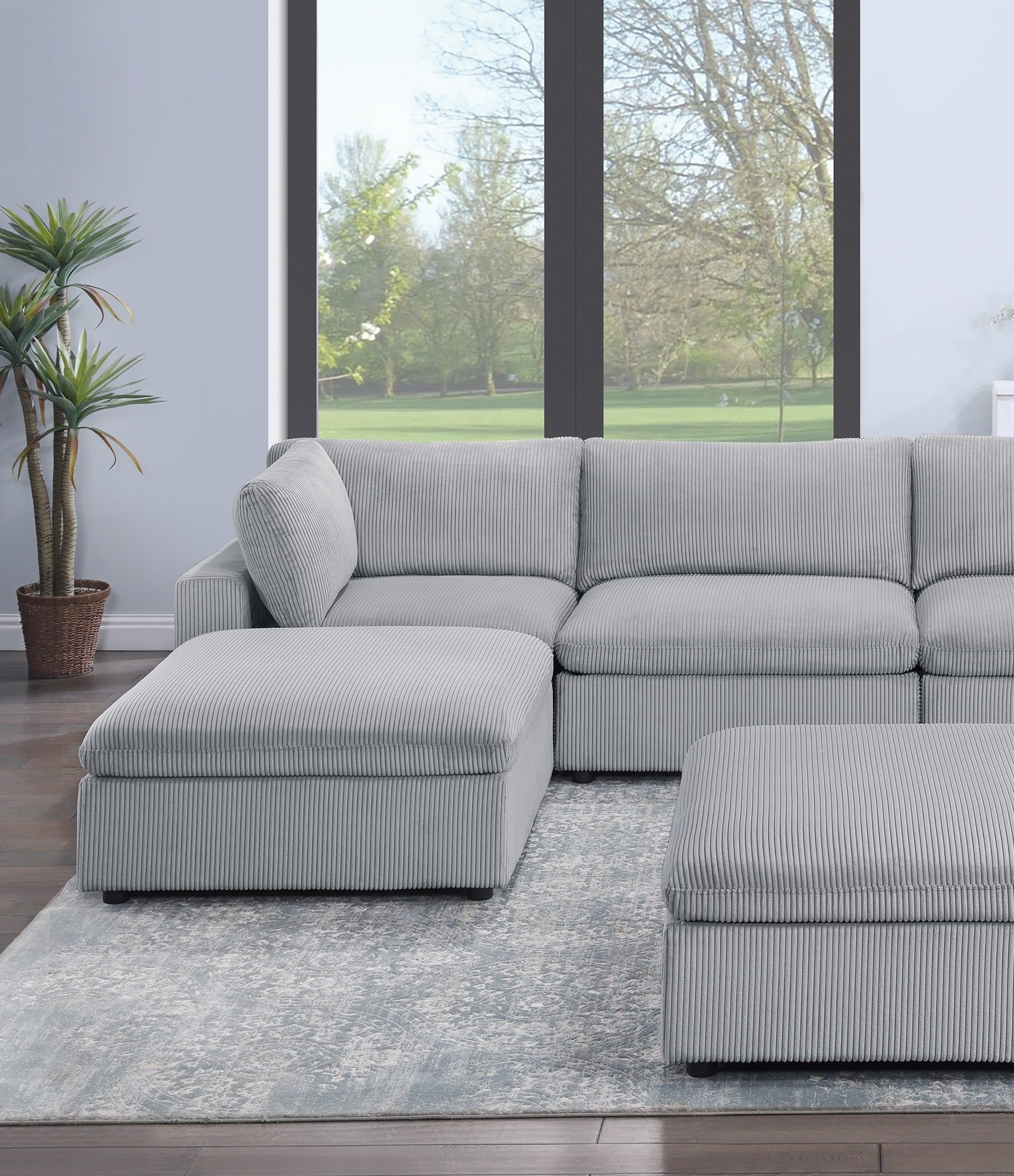 Gray corduroy sectional sofa with ottoman modern modular design for living rooms