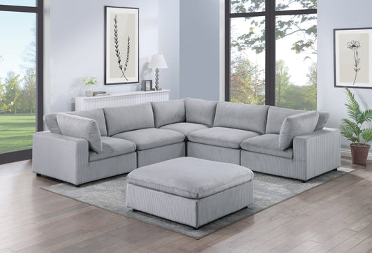 Comfortable light grey corduroy sectional sofa with ottoman for modern living room