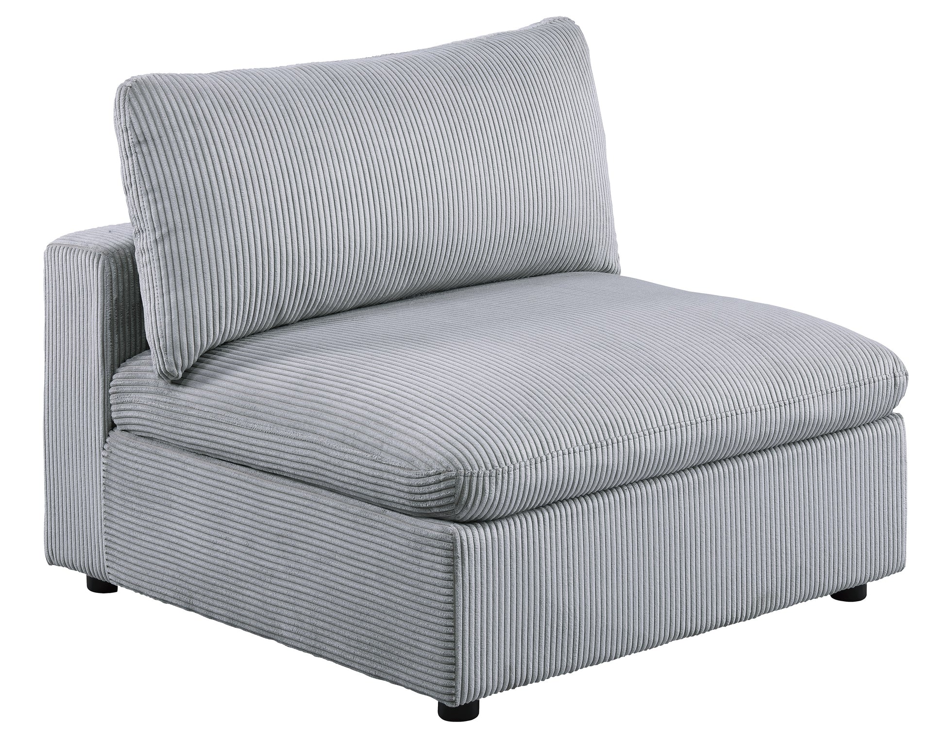 Gray corduroy armless sofa chair with plush cushioning
