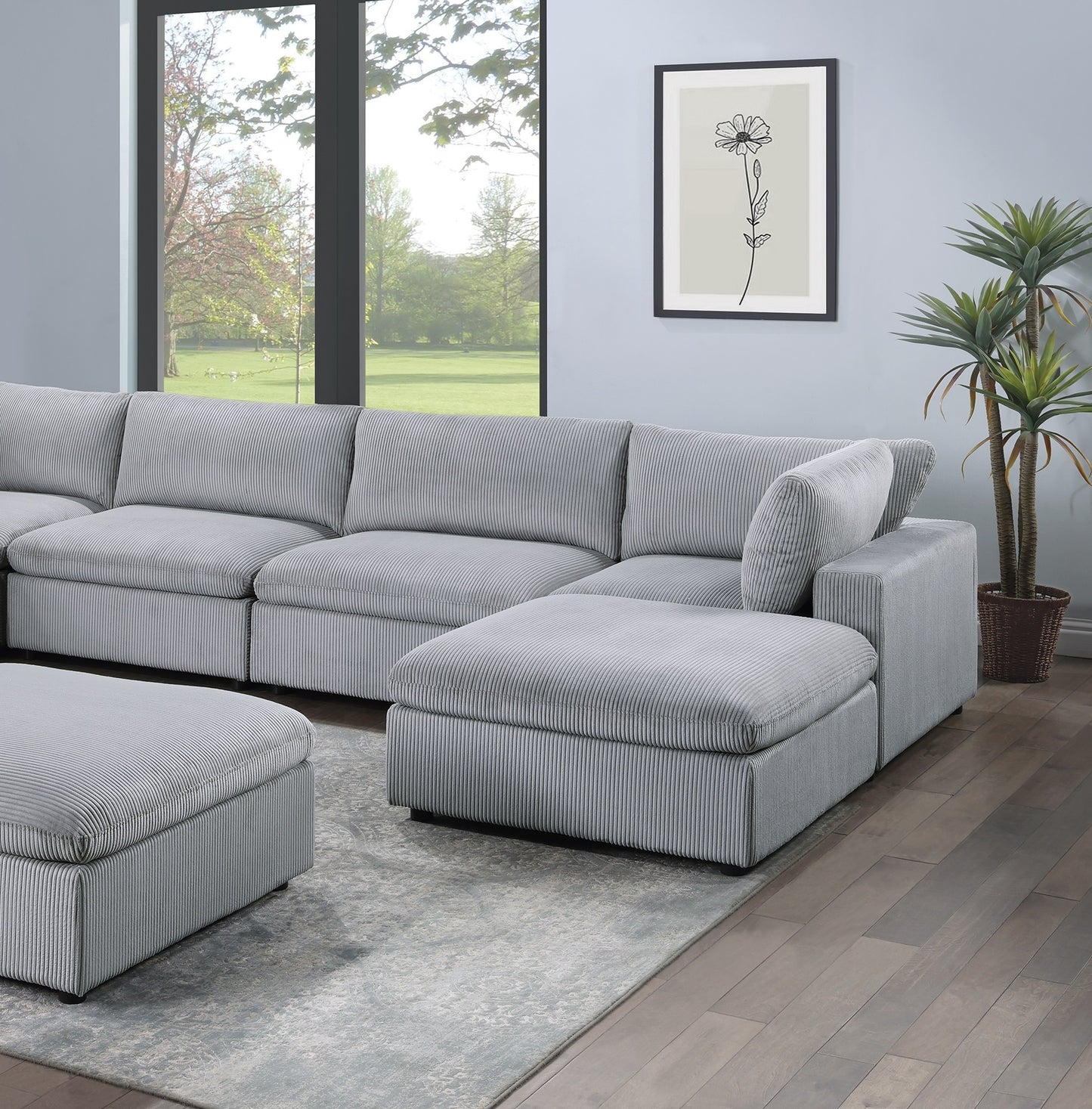 Light grey corduroy sectional sofa with chaise lounge and ottoman modern living room furniture