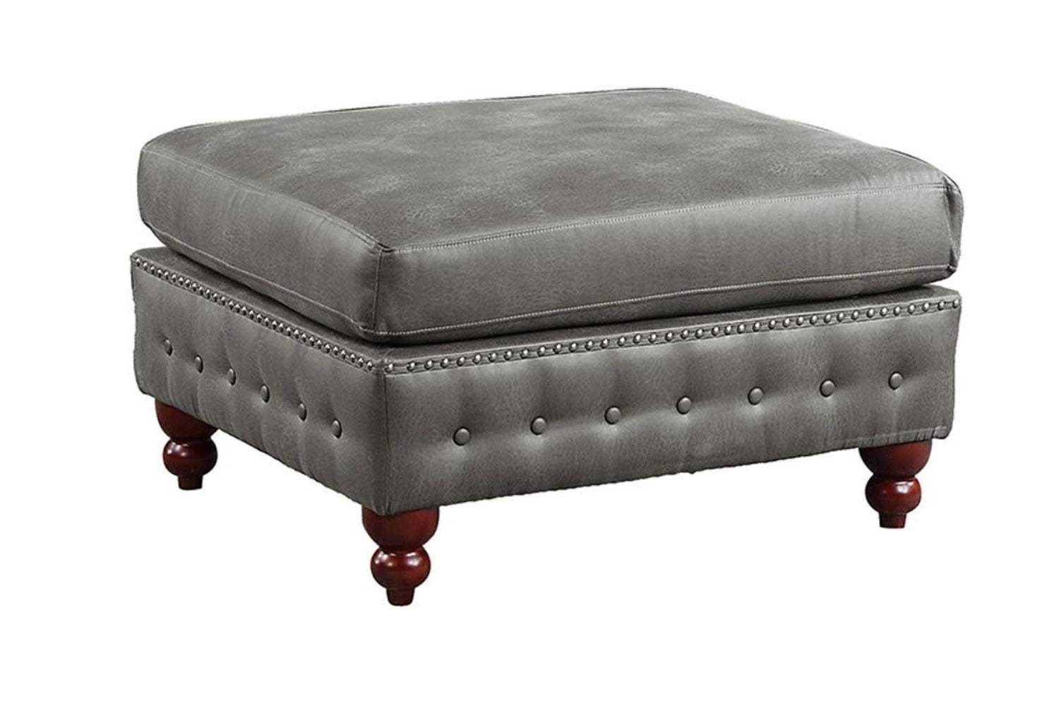 Square gray tufted leather ottoman with silver nailhead trim and dark wood legs